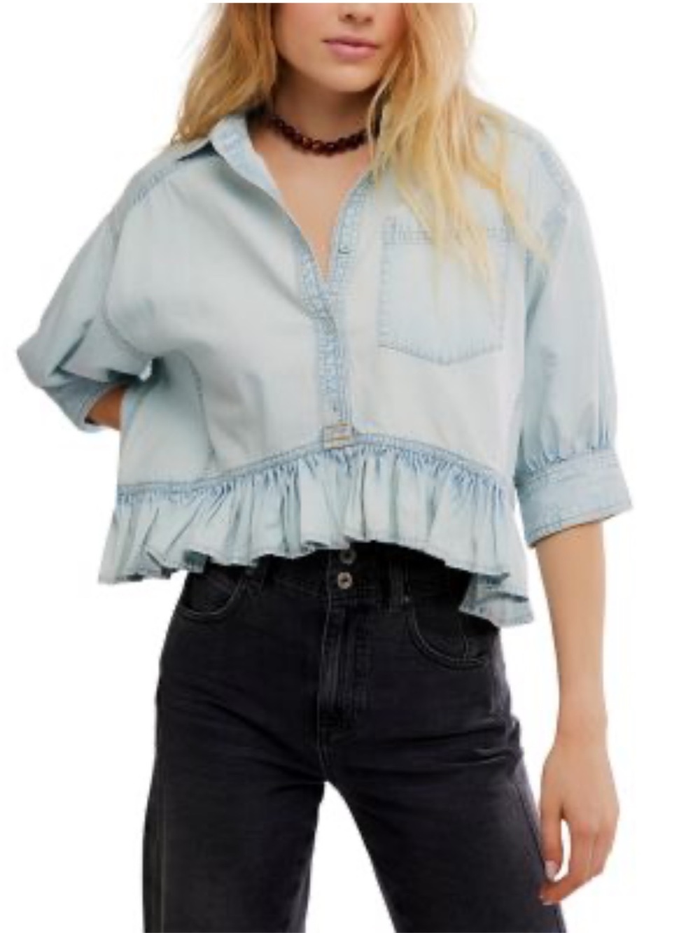 Free People Bailey Ruffled Denim Shirt